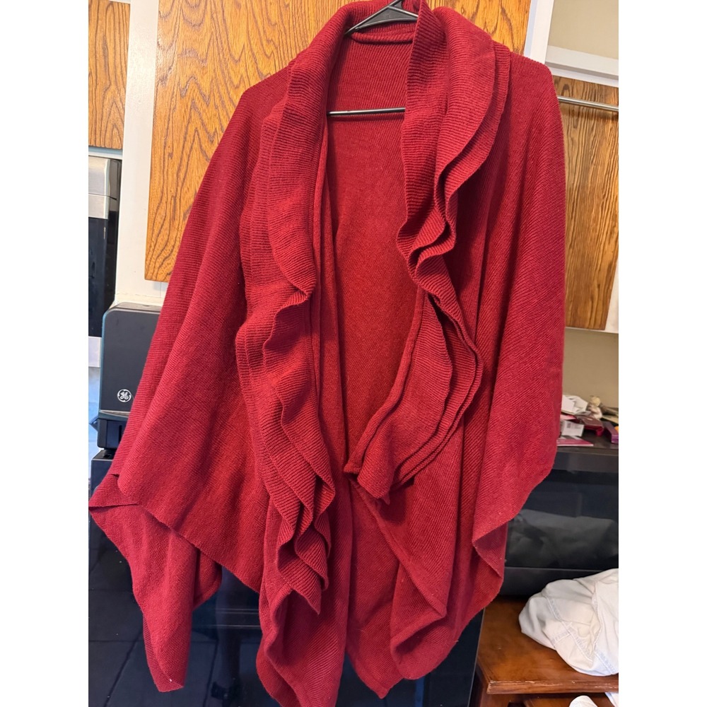 Red Ruffle Front Knit Shawl Wrap Open Front Draped Cardigan Poncho One Size